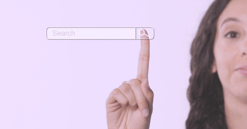 Woman's finger hovering over a digital search bar with a magnifying glass icon.