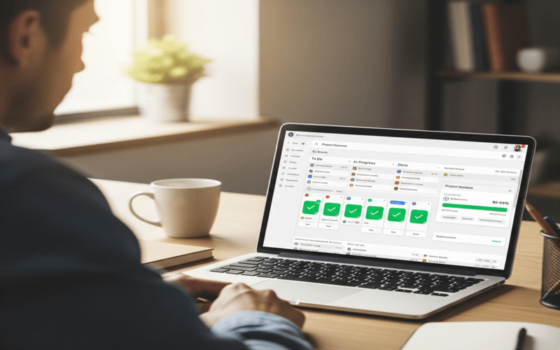 Person viewing a ClickUp project management dashboard on a laptop, showing task progress and workflow.