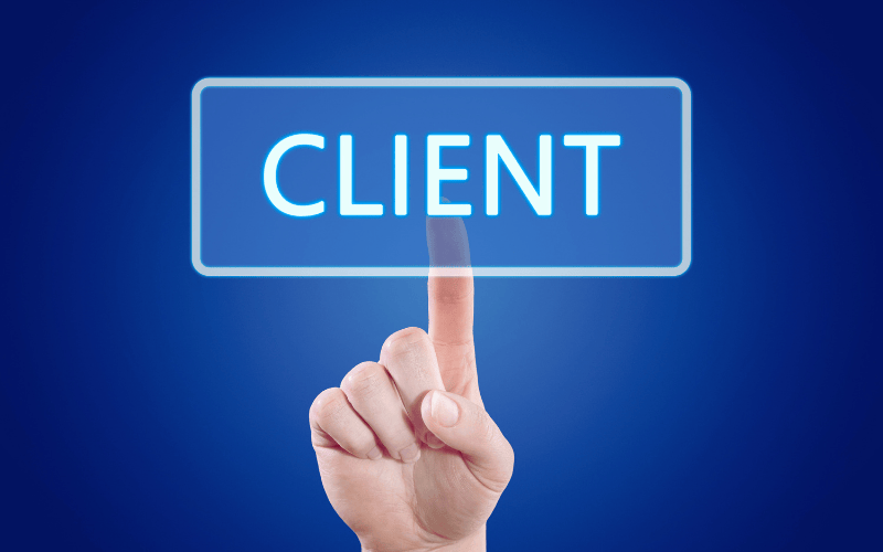 A finger pressing a glowing blue button labeled "CLIENT" on a dark blue background.